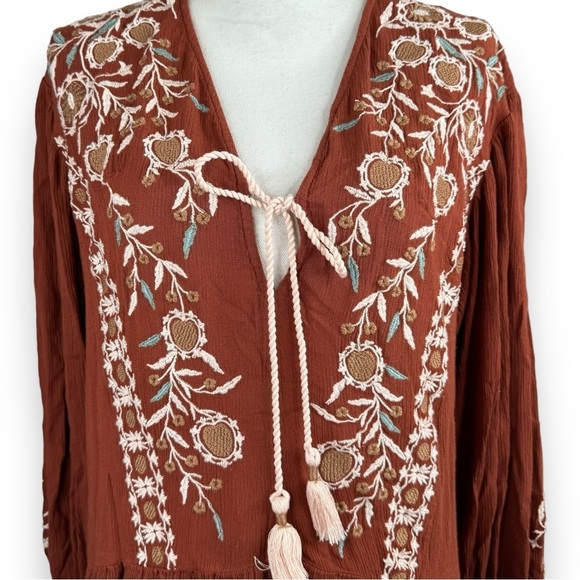 Free People Wild Dreams Embroidered Tunic Top Dress Rust Long Sleeve Peplum - Picture 2 of 9